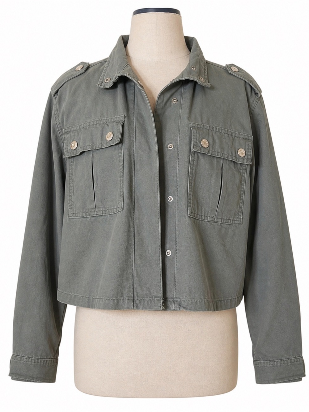 Kensie Olive Green Utility Jacket Cropped Military Snap Front Lightweight Cargo